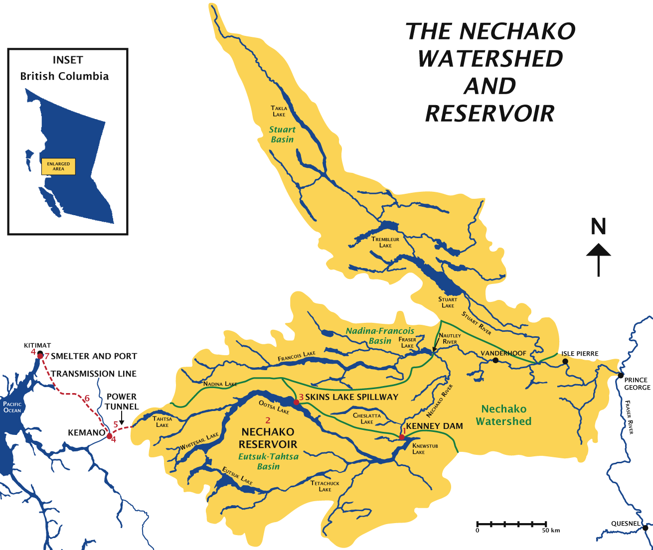 Nechako Watershed and sub basins and key locations